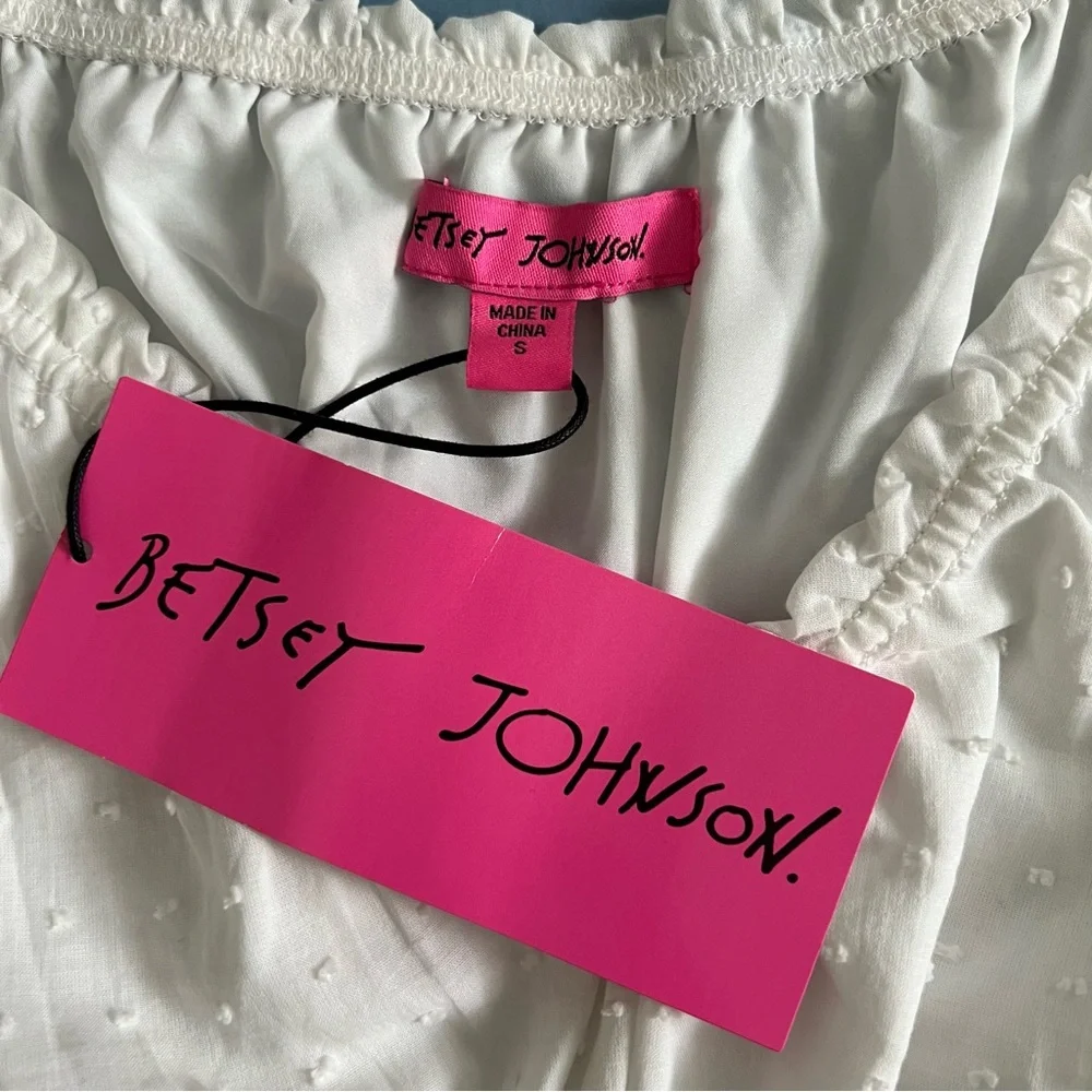 NWT‎ Betsey Johnson Cotton Clip Dot Smocked Puff Sleeve Optic White Midi Dress